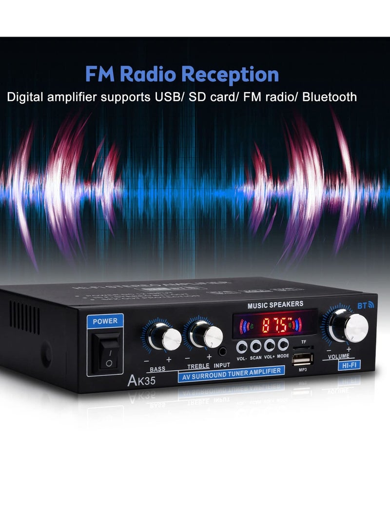 AK35 Dual Channel Bluetooth 5.0 Stereo Audio Amplifier Receiver, USB and SD Card Input, RMS 30W x 2, Bass  Treble Control, FM Radio, for Home Theater Speakers System - Image 5